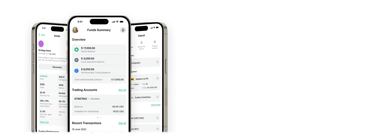 Déposez, retirez et suivez votre solde et vos capitaux propres à partir de votre téléphone, ce qui vous donne un contrôle complet sur vos fonds de trading.